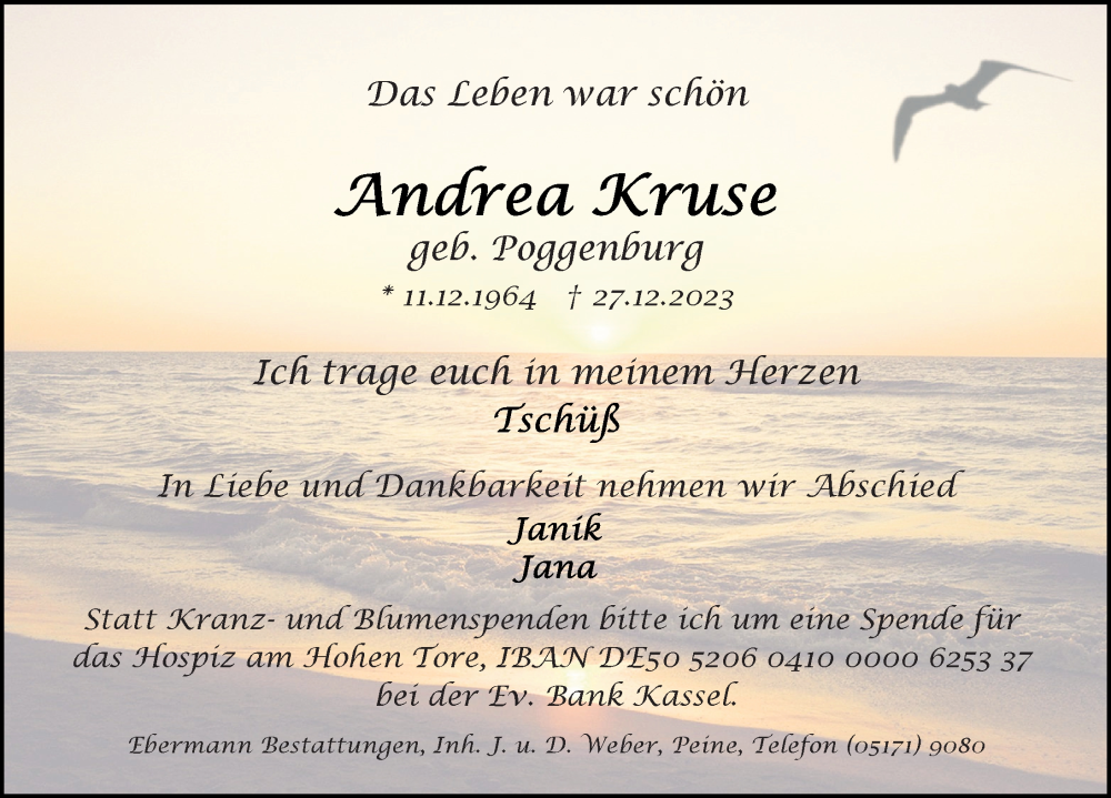  Traueranzeige für Andrea Kruse vom 06.01.2024 aus Peiner Allgemeine Zeitung