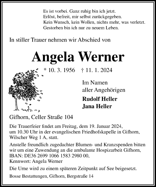 Traueranzeige von Angela Werner von Aller Zeitung