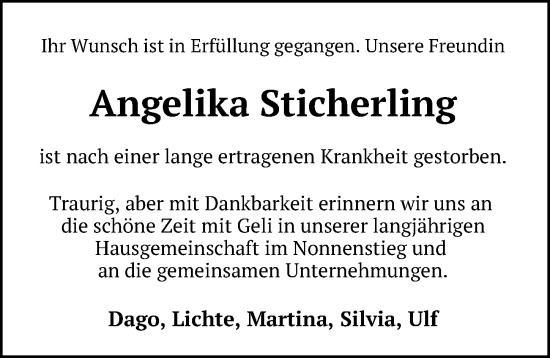 Traueranzeige von Angelika Sticherling von Göttinger Tageblatt