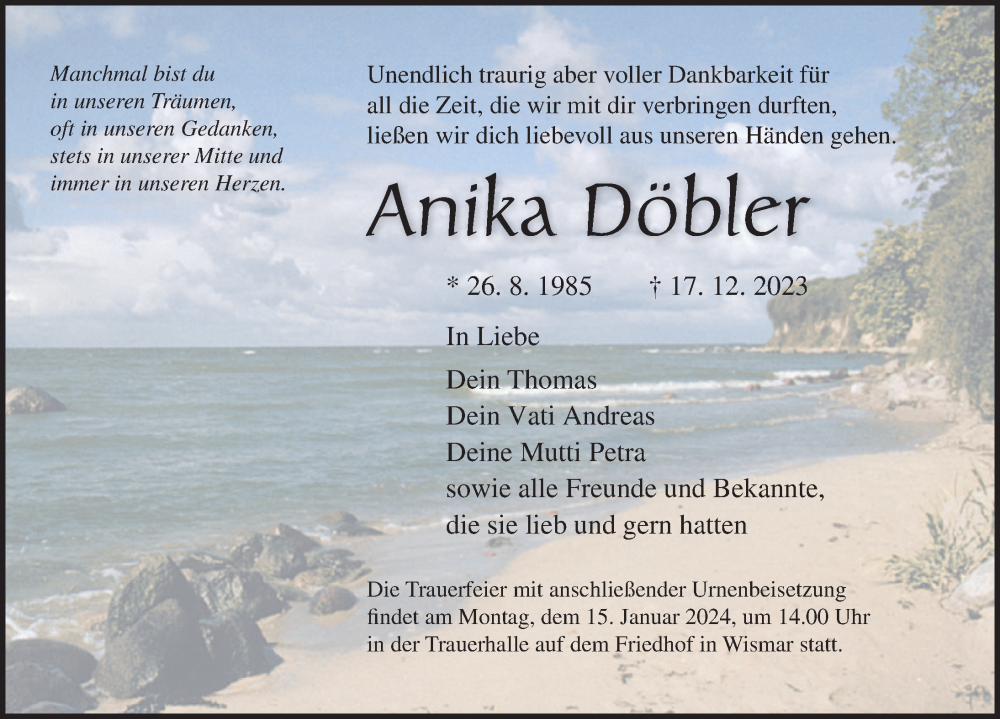  Traueranzeige für Anika Döbler vom 06.01.2024 aus Ostsee-Zeitung GmbH