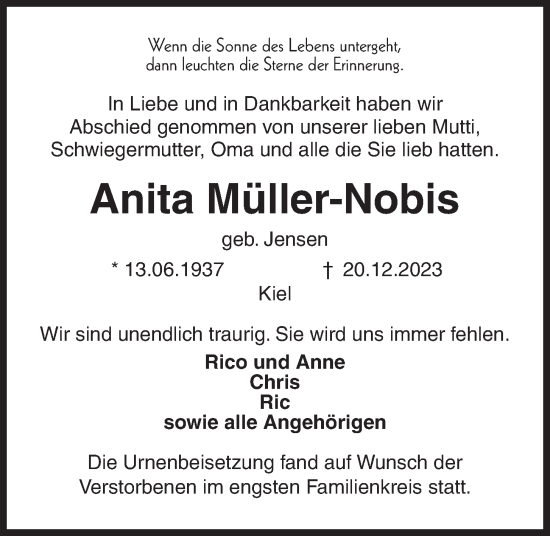 Traueranzeige von Anita Müller-Nobis von Kieler Nachrichten