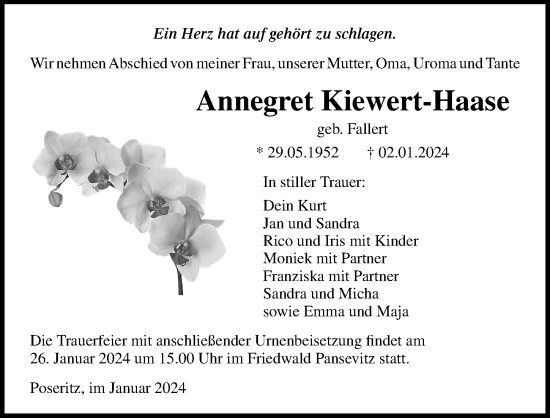 Traueranzeige von Annegret Kiewert-Haase von Ostsee-Zeitung GmbH