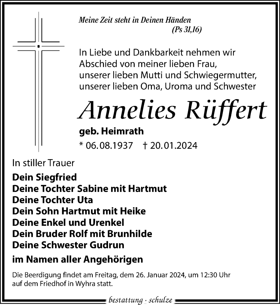  Traueranzeige für Annelies Rüffert vom 24.01.2024 aus Leipziger Volkszeitung