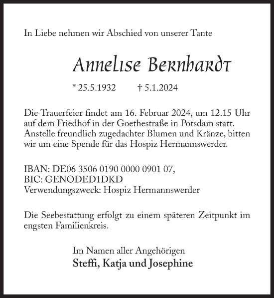 Traueranzeige von Annelise Bernhardt von Märkischen Allgemeine Zeitung