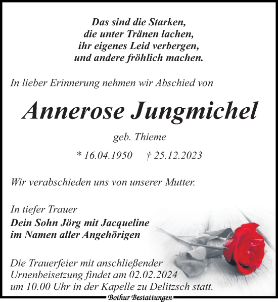 Traueranzeige von Annerose Jungmichel von Leipziger Volkszeitung