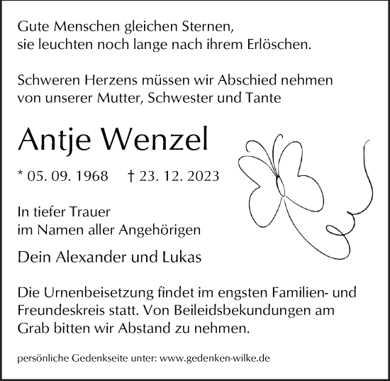 Traueranzeige von Antje Wenzel von Märkischen Allgemeine Zeitung