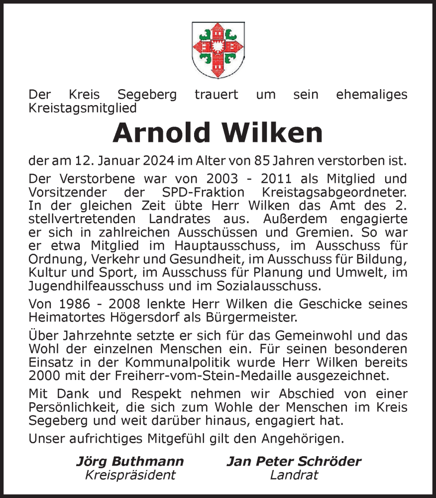  Traueranzeige für Arnold Wilken vom 25.01.2024 aus Lübecker Nachrichten