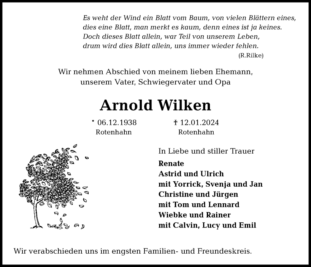  Traueranzeige für Arnold Wilken vom 20.01.2024 aus Kieler Nachrichten