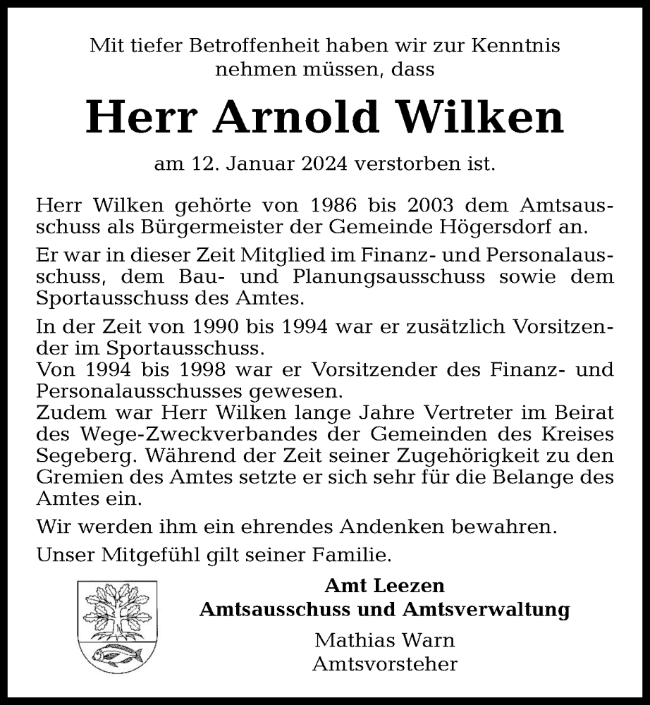  Traueranzeige für Arnold Wilken vom 27.01.2024 aus Kieler Nachrichten