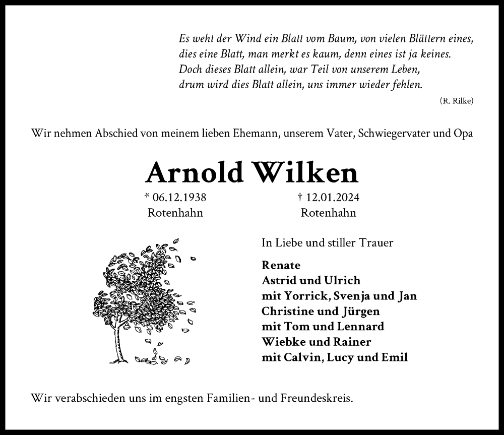  Traueranzeige für Arnold Wilken vom 20.01.2024 aus Lübecker Nachrichten