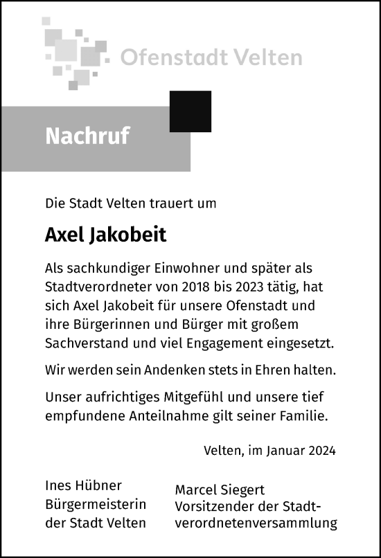 Traueranzeige von Axel Jakobeit von Märkischen Allgemeine Zeitung