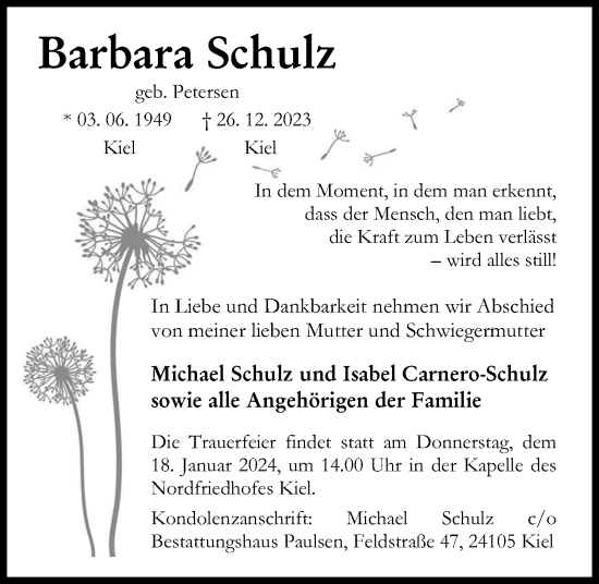 Traueranzeige von Barbara Schulz von Kieler Nachrichten