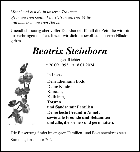 Traueranzeige von Beatrix Steinborn von Ostsee-Zeitung GmbH