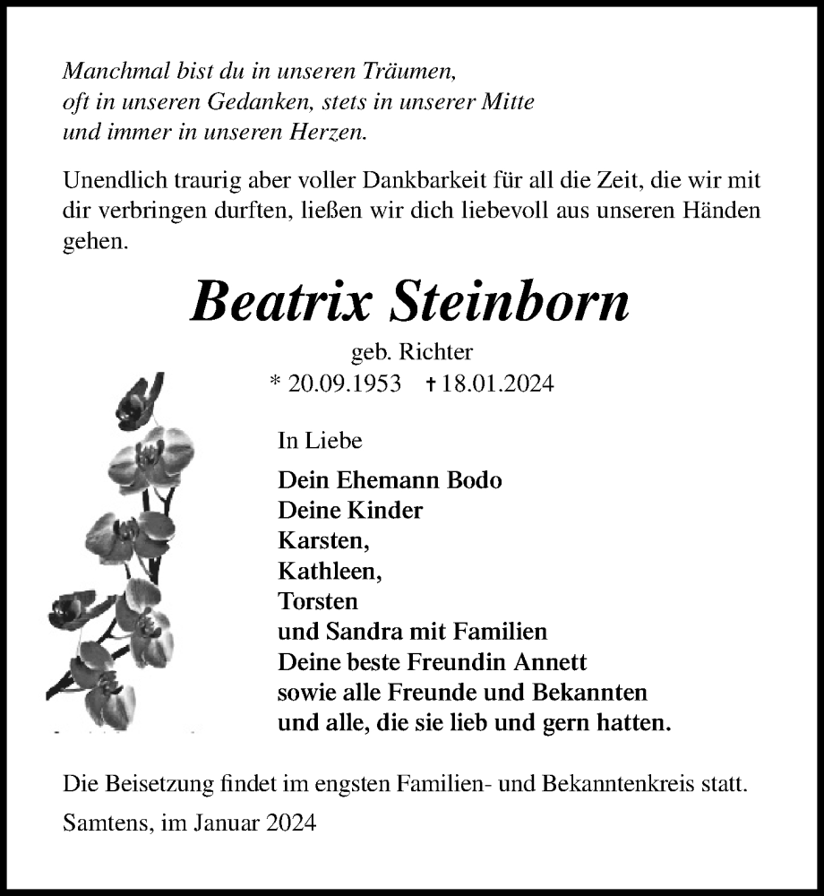  Traueranzeige für Beatrix Steinborn vom 27.01.2024 aus Ostsee-Zeitung GmbH