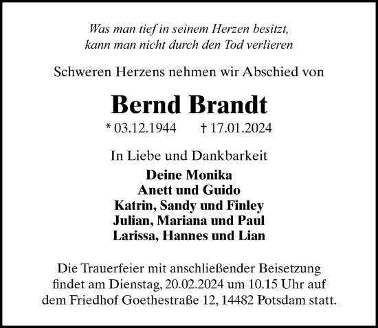Traueranzeige von Bernd Brandt von Märkischen Allgemeine Zeitung