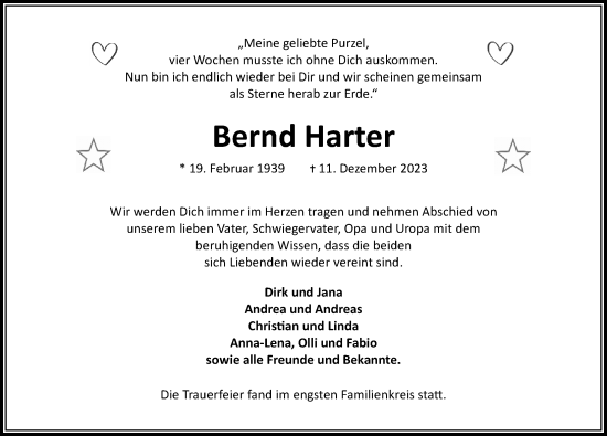 Traueranzeige von Bernd Harter von Lübecker Nachrichten