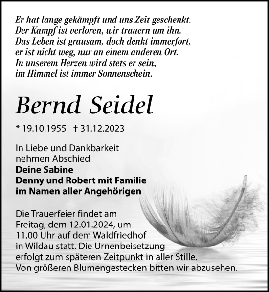 Traueranzeige von Bernd Seidel von Märkischen Allgemeine Zeitung