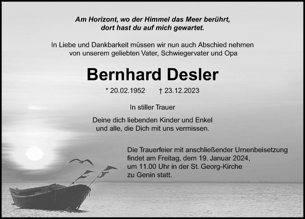  Traueranzeige für Bernhard Desler vom 07.01.2024 aus Lübecker Nachrichten