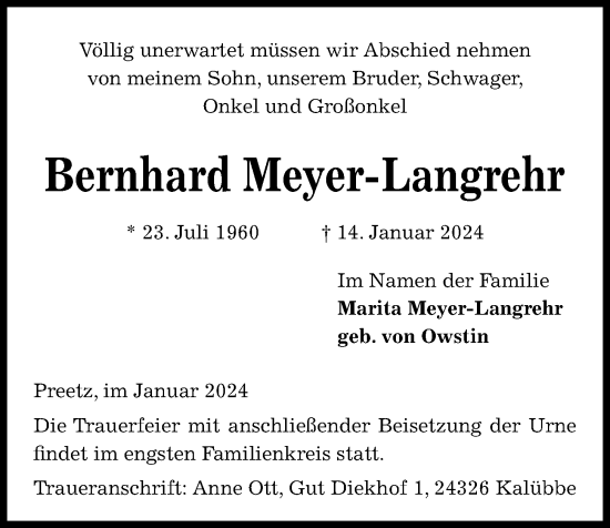 Traueranzeige von Bernhard Meyer-Langrehr von Kieler Nachrichten