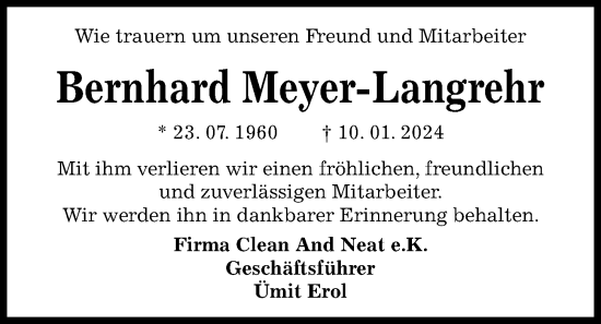 Traueranzeige von Bernhard Meyer-Langrehr von Kieler Nachrichten