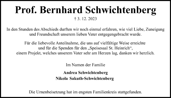 Traueranzeige von Bernhard Schwichtenberg von Kieler Nachrichten