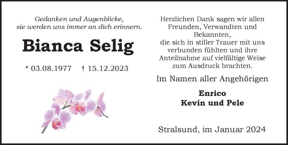  Traueranzeige für Bianca Selig vom 13.01.2024 aus Ostsee-Zeitung GmbH