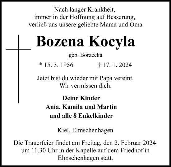 Traueranzeige von Bozena Kocyla von Kieler Nachrichten