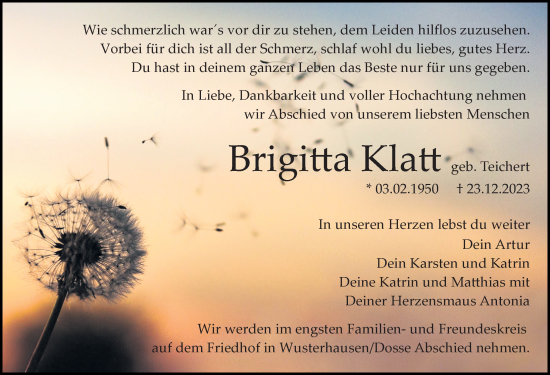 Traueranzeige von Brigitta Klatt