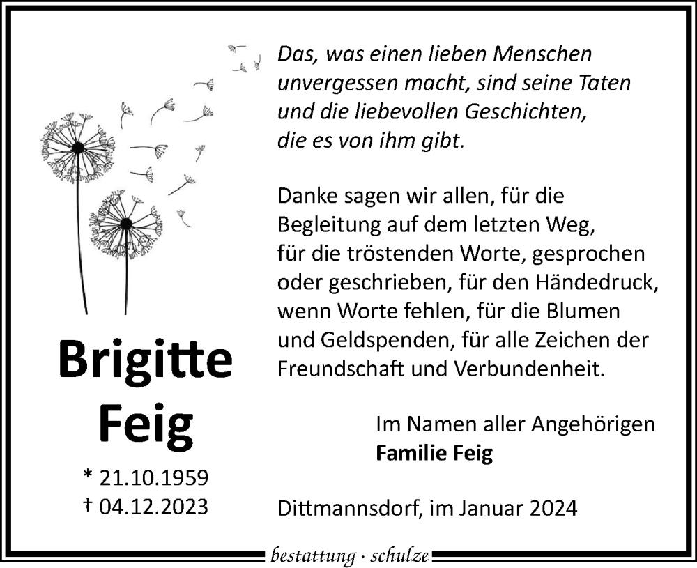  Traueranzeige für Brigitte Feig vom 20.01.2024 aus Leipziger Volkszeitung