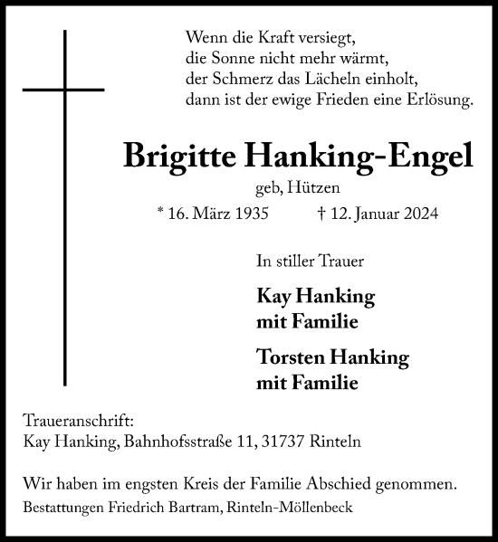 Traueranzeige von Brigitte Hanking-Engel von Schaumburger Nachrichten und Schaumburger Zeitung/ Landes-Zeitung