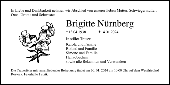 Traueranzeige von Brigitte Nürnberg von Ostsee-Zeitung GmbH