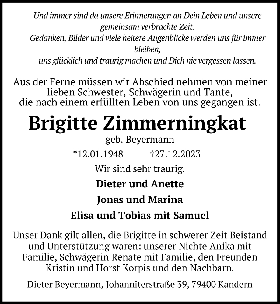  Traueranzeige für Brigitte Zimmerningkat vom 10.01.2024 aus Peiner Allgemeine Zeitung