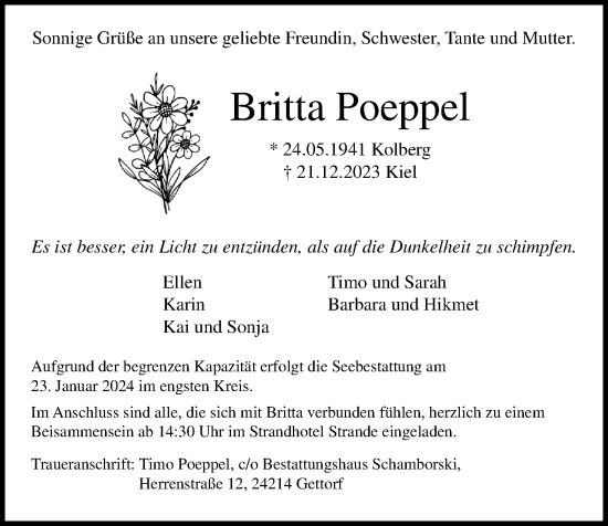 Traueranzeige von Britta Poeppel von Kieler Nachrichten