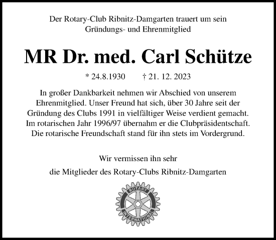 Traueranzeige von Carl Schütze von Ostsee-Zeitung GmbH