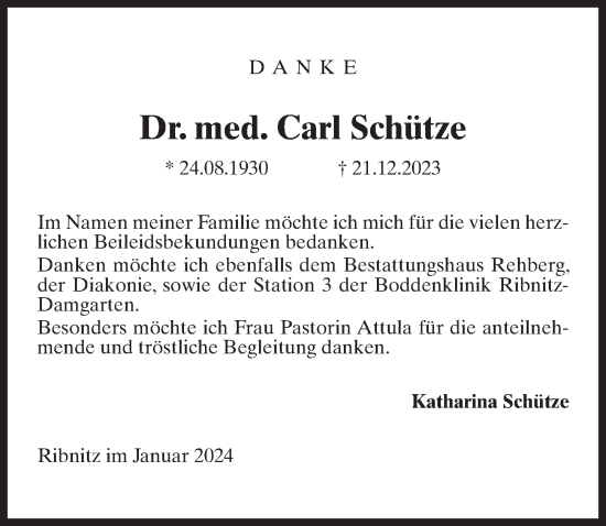 Traueranzeige von Carl Schütze von Ostsee-Zeitung GmbH