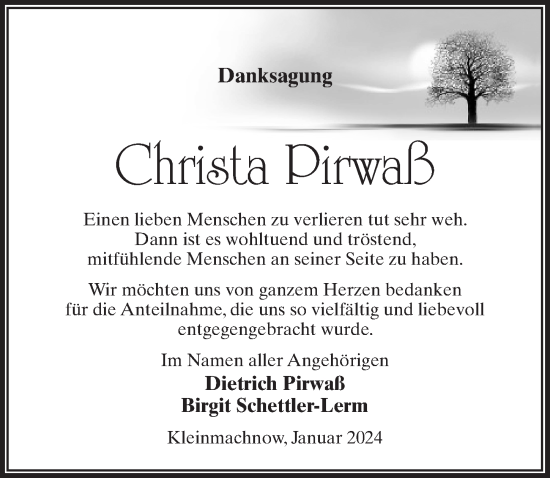 Traueranzeige von Christa Pirwaß von Märkischen Allgemeine Zeitung