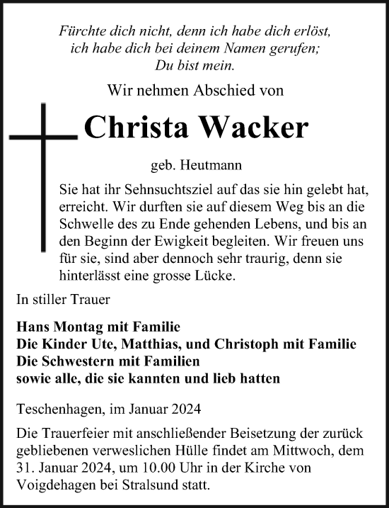 Traueranzeige von Christa Wacker von Ostsee-Zeitung GmbH