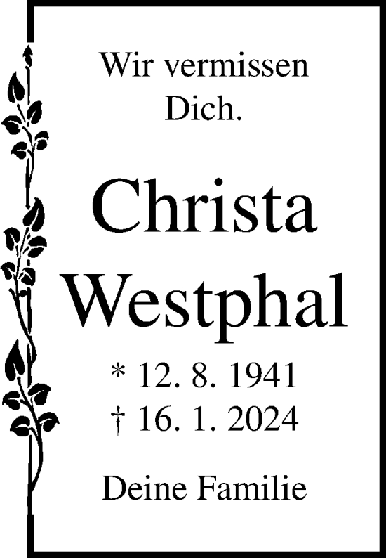 Traueranzeige von Christa Westphal von Lübecker Nachrichten
