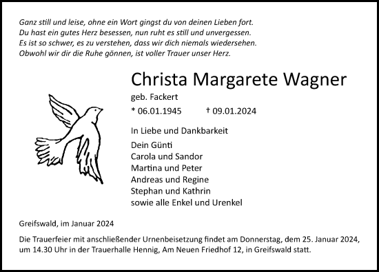 Traueranzeige von Christa Margarete Wagner von Ostsee-Zeitung GmbH