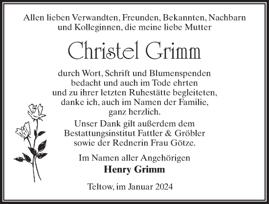 Traueranzeige von Christel Grimm von Märkischen Allgemeine Zeitung
