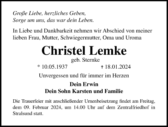 Traueranzeige von Christel Lemke von Ostsee-Zeitung GmbH