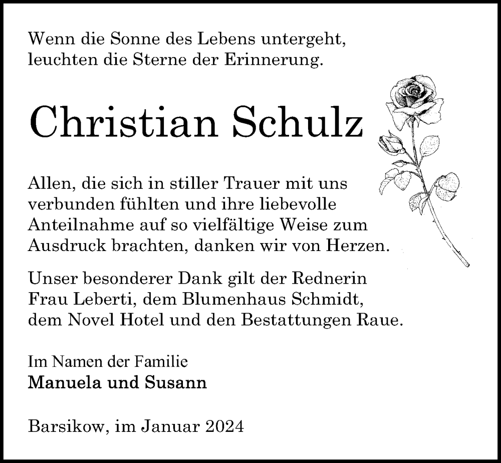  Traueranzeige für Christian Schulz vom 06.01.2024 aus Wochenspiegel