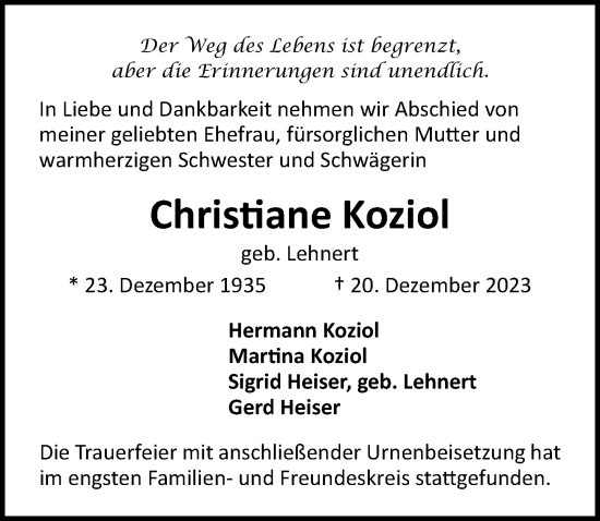 Traueranzeige von Christiane Koziol von Lübecker Nachrichten