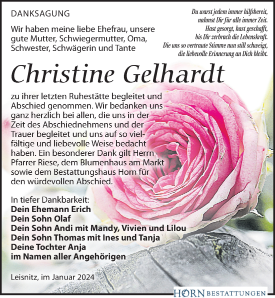 Traueranzeige von Christine Gelhardt von Leipziger Volkszeitung