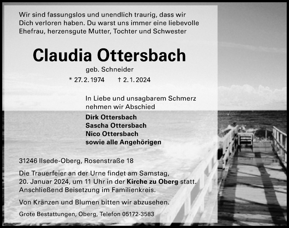  Traueranzeige für Claudia Ottersbach vom 13.01.2024 aus Peiner Allgemeine Zeitung