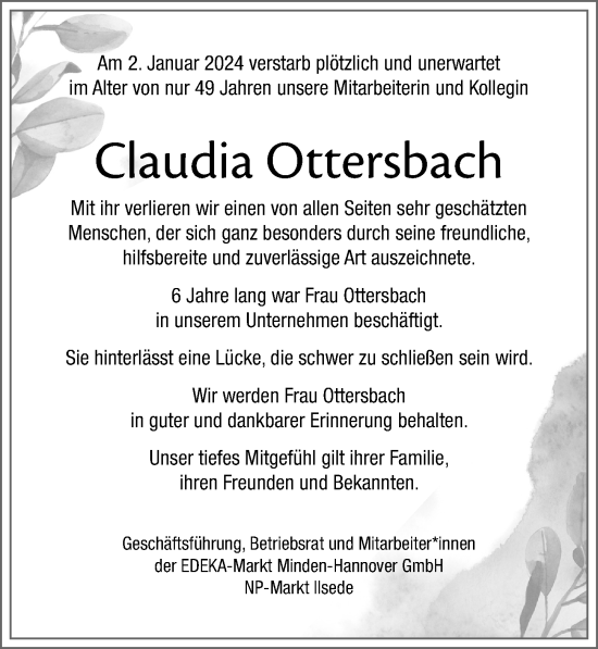 Traueranzeige von Claudia Ottersbach von Peiner Allgemeine Zeitung