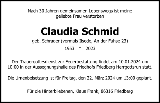 Traueranzeige von Claudia Schmid von Peiner Allgemeine Zeitung