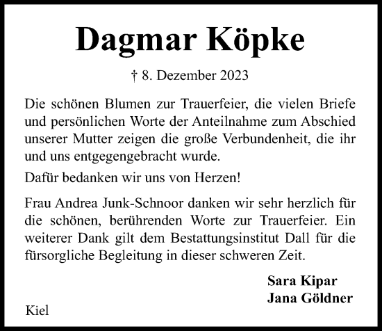 Traueranzeige von Dagmar Köpke von Kieler Nachrichten