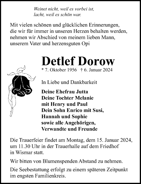 Traueranzeige von Detlef Dorow von Ostsee-Zeitung GmbH