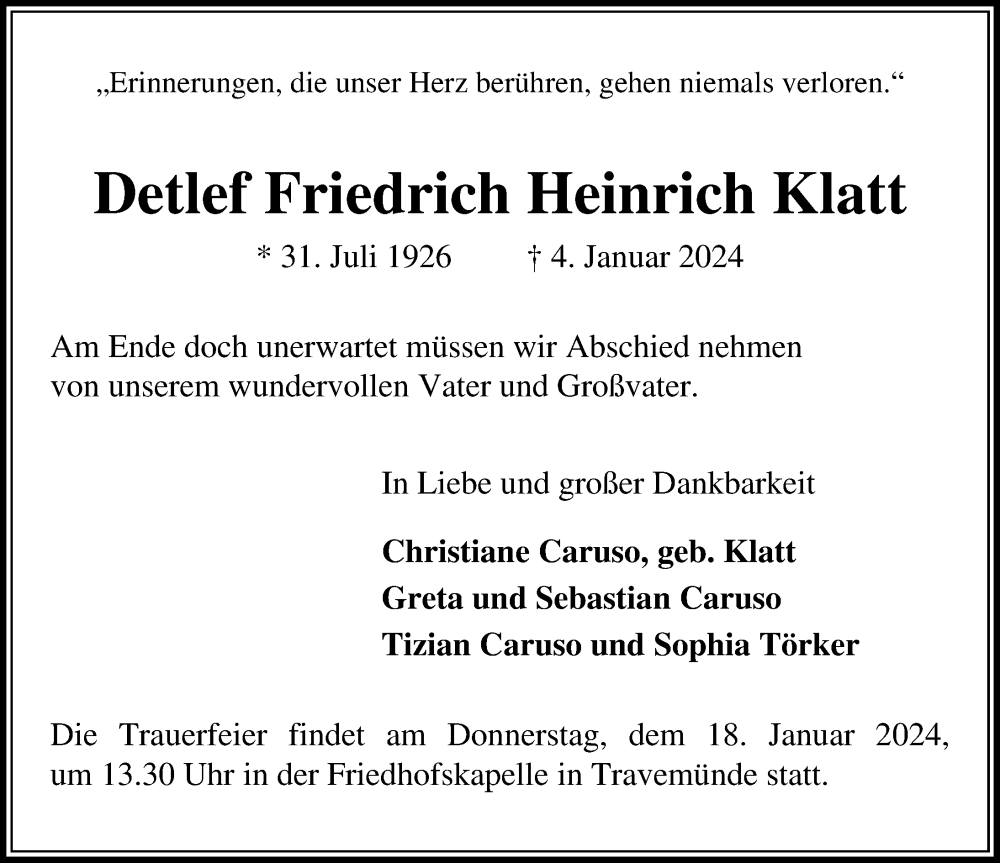  Traueranzeige für Detlef Friedrich Heinrich Klatt vom 14.01.2024 aus Lübecker Nachrichten